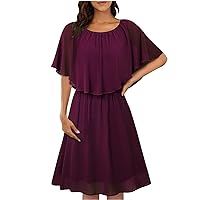 Women's 2024 Summer Dress Trendy Solid Color Sleeveless Capelet Sleeve Round Neck Elegant Flowy Knee Length Dresses