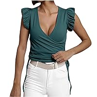 Women Lace-Up Ruched Ruffle Trim Sleeveless Tank Tops Fashion Wrap V-Neck Slim-Fit Solid Summer Ribbed Knit T-Shirts