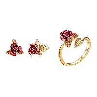 U7 18K Gold Plated Red Rose Stud Earrings+Ring Set