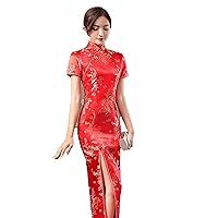 Elegant Women Cheongsam Flower Mandarin Collar Chinese Traditional Evening Dress Summer Short Sleeve Slim Long Qipao