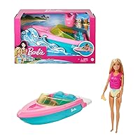 Barbie Doll & Toy Boat Playset with Pet Puppy, Life Vest & Beverage Accessories, Fits 3 Dolls & Floats in Water