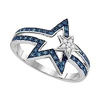 Sterling Silver Womens Round Blue Color Enhanced Diamond Double Star Ring 1/6 Cttw
