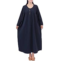 Women's Casual Loose Oversized Fall/Spring Pullover Linen Cotton Maxi Dress Navy