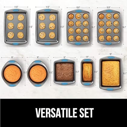 Gorilla Grip Nonstick, Heavy Duty, Carbon Steel Bakeware Sets, 9 Piece Baking Set, Silicone Handle, 2 Cookie Sheets, Round Cake Pans, 12 Cup Muffin Tins, Roasting Pan, Loaf Pan, and Square Pan, Aqua