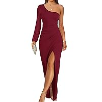 ZESICA Women's 2024 One Shoulder Long Sleeve Cocktail Dress Sexy High Slit Ruched Bodycon Wedding Guest Maxi Dresses