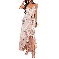 Dresses for Women 2024 Floral Print Ruffle Trim Wrap Hem Cami Maxi Dress
