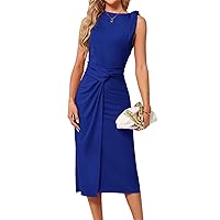 JASAMBAC 2024 Womens Wedding Guest Dress Sleeveless Tank Dress Crew Neck Asymmetrical Hem Cocktail Party Ruched Bodycon Dress