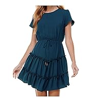 Womens Teal Stretch Tie Ruffled Short Sleeve Jewel Neck Short Party Fit + Flare Dress Juniors XL