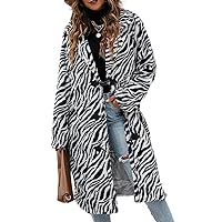 Women's Casual Fuzzy Lapel Zebra Striped Button Down Faux Fur Long Overcoat