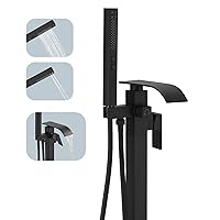 BESy Tub Filler Freestanding Bathtub Faucet Matte Black Floor Mount Tub Faucet Waterfall Free Standing Bathtub Filler High Flow Brass Bath Shower Faucets with Handheld Sprayer
