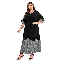 Womens Plus Size Dresses Summer Polka Dot Print 3/4 Sleeve Belted Maxi Dress (Color : Black, Size : 3X-Large)