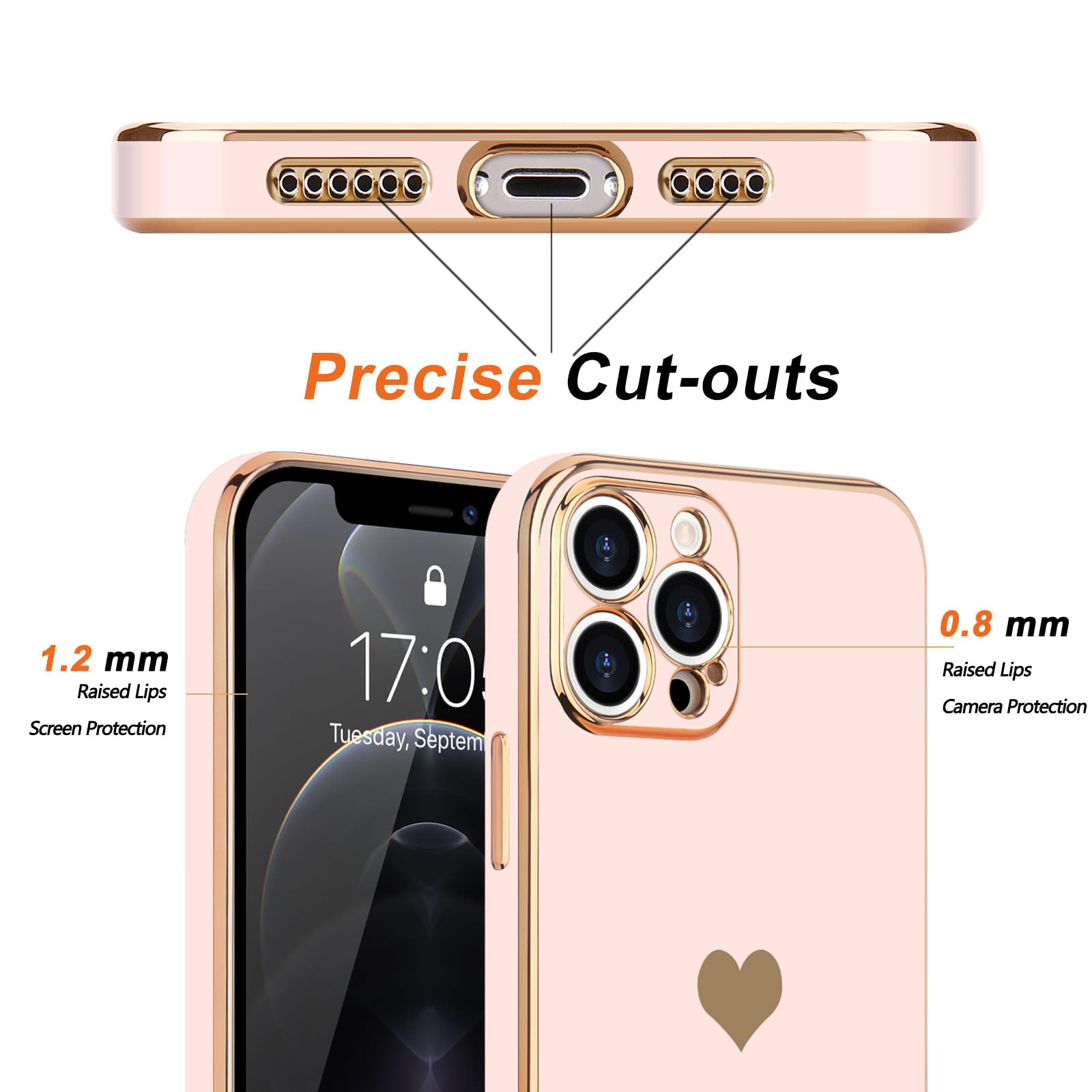 Teageo for iPhone 12 Pro Case for Women Girl Cute Love-Heart Luxury Bling Plating Soft Back Cover Raised Full Camera Protection Bumper Silicone Shockproof Phone Case for iPhone 12 Pro, Light Pink