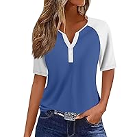 COTECRAM 2024 Womens Tops Raglan Contrast Fashion Short Sleeve Button V Neck Casual T-Shirts Loose Fit Summer Blouses Tunics