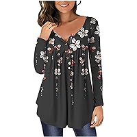 Womens Button Up Blouses Floral Gradient Smocked T Shirt Tees Long Sleeve Round Neck Flowy Hem Tunic Clothes Fall