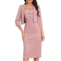 GRACE KARIN Women's 2024 Formal Office Business Work 2 Piece Outfits Midi Pencil Dress with 3/4 Sleeve Jacket Suit Sets