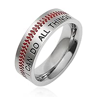 HZMAN Baseball Ring with Red Stitching, I CAN DO ALL THINGS STRENGTH Bible Verse Stainless Steel 7mm Rings