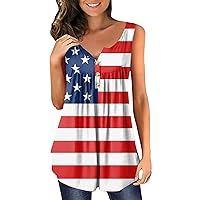 Womens American Flag Tunic Tops V-Neck Button Henley Shirts Sleeveless Retro 4th of July Patriotic Tshirts