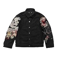 Men High Street Silver Dragon Flower Floral Pattern Embroidered Black Denim Jackets Coats Streetwear