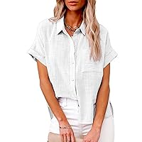 Womens Roll Up Short Sleeve Blouse Button Down Tops Cotton Linen Plain Summer Tops Casual Collar Shirts with Pockets