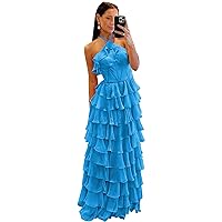 Tiered Tulle Prom Dresses Long Ruffles Ball Gowns Floor Length Halter Formal Evening Party Gowns