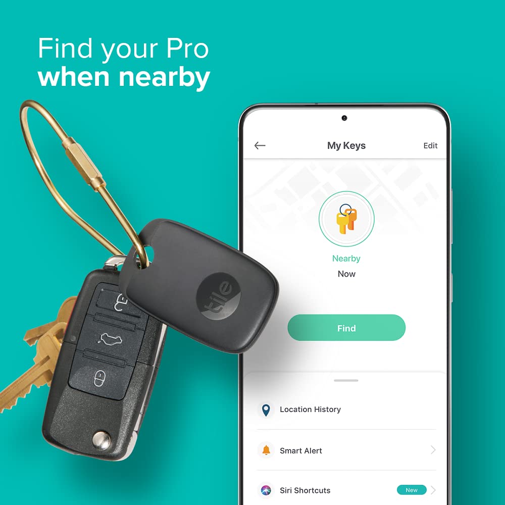 Tile Pro 1-pack. Powerful Bluetooth Tracker, Keys Finder and Item Locator for Keys, Bags, and More; Up to 400 ft Range. Water-resistant. Phone Finder. iOS and Android Compatible, Black.