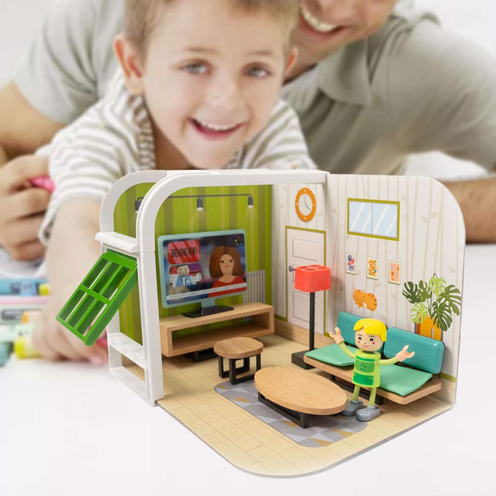 OMOTIYA 3-6 Years Old Little People House, Toddler DIY Miniature Dollhouse Kit with Furniture, Little People Dollhouse, Pretend Play Mini Toddler Dollhouse Kit Wooden Toys, Great Gift for Kids