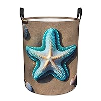 Seashells Starfish on Beach Round waterproof laundry basket,foldable storage basket,laundry Hampers with handle,suitable toy storage