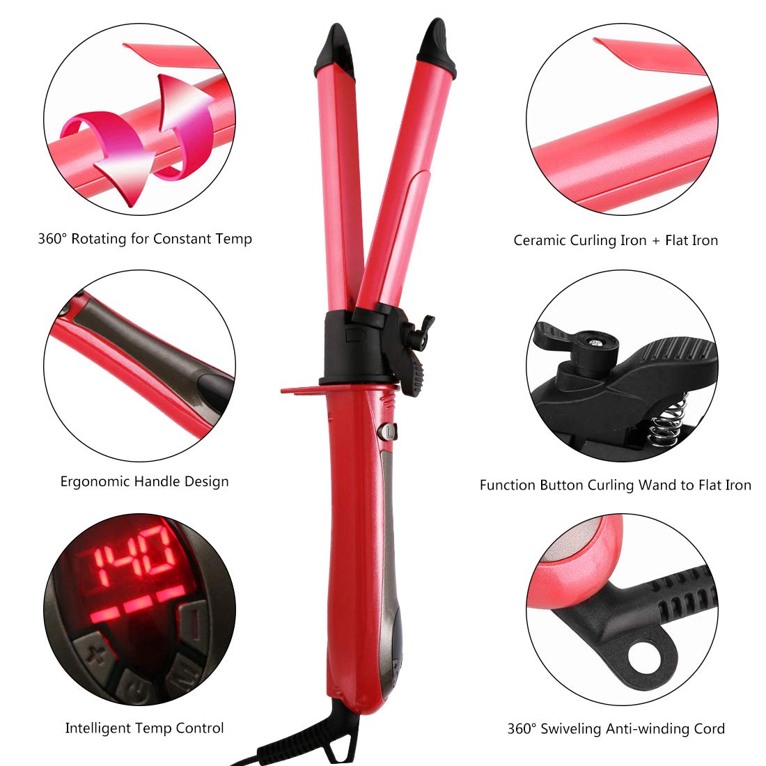 2 in 1 Hair Straightener and Curler Hair Curling Iron 1 to 1.2 Inch Spinning Hair Wand with Automatic Rotation for All Hiar Type Ceramic Flat Iron Auto Rotating Spiral Valentines Day Gifts for Women