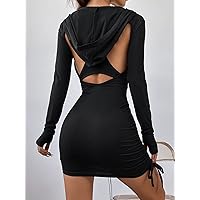 Summer Dresses for Women 2022 Plunging Neck Thumbholes Drawstring Side Ruched Bodycon Dress Dresses for Women (Color : Black, Size : X-Small)
