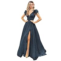 Women's V Neck Sequin Prom Dresses 2024 Feather Sequin Ball Gowns Off Shoulder Formal Wedding Dresses with Slit