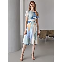 Women's Dress Dresses for Women Linen Colorblock WRAP Dress (Color : Multicolor, Size : Small)