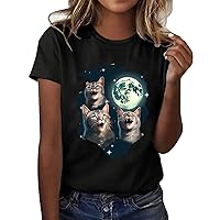 Long Sleeve Tops for Women Plus Size Funny Cat T Shirt Three Cat Howling Moon Distressed Cat Lover Starry Nigh