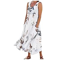 Plus Size Dresses for Women Cotton Linen Fashion Casual Summer Beach Maxi Print Solid Colour Sleeveless Pocket Dress