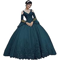 Women's Long Sleeve Ball Gown Quinceanera Dresses Lace Applique Formal Birthday Princess Gowns