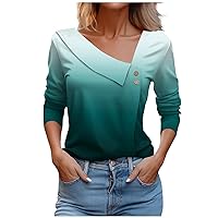 Blouses for Women Business Casual Asymmetric Lapel Gradient Floral Shirts Soft Long Sleeve Button Down T-Shirt