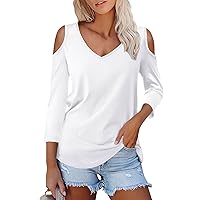 Cold Shoulder Tops for Women Summer 3/4 Sleeve Shirt Sexy V Neck Tee Fashion 3/4 Sleeve Loose Casual Blouses