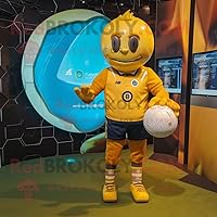 Gold Volleyball Ball mascot costume character dressed with a Rugby Shirt and Digital watches