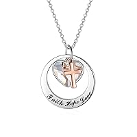 AOBOCO Two-Tone Sterling Silver and Rose Gold or Gold-Faith Hope Love Cross Charm Pendant Necklace with Austrian Crystal