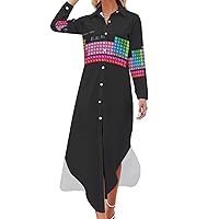 Periodic Table of Elements Chemistry Women's Shirt Dress Long Sleeve Button Down Shirts Dress Casual Loose Maxi Dresses