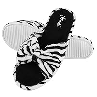 Womens Soft Plush Bow Thong Spa Home Indoor Cozy Slide Slipper, Size 6, Black White Stripe