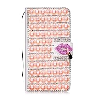 Crystal Wallet Phone Case Compatible with iPhone 13 - Pearl Grid Lattice - Champagne - 3D Handmade Sparkly Glitter Bling Leather Cover with Screen Protector & Neck Strip Lanyard