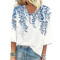 Women's 3/4 Sleeve Tops Summer, Ladies Fashion V-Neck Tshirt 2024 Floral Print Sexy Daily Blouse Casual Tunic Shirts