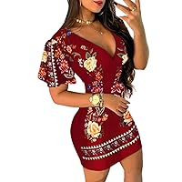 Women's Bohemian Floral Print Summer Tunic Dress V Neck Midi Bodycon Short Sleeve Dresses