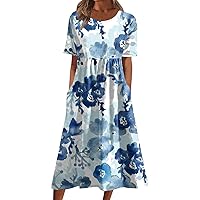 Short Sleeve Dress Ladies Trendy Floral Printting Dresses Round Neck Summer Basic Women's Maxi Dresses 2024 Pocket