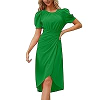 Summer Dresses for Women 2024 Round Neck Short Sleeve Solid Color Bubble Sleeve Slim-fit Temperament Dress