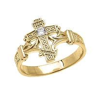 YELLOW GOLD SOLITAIRE DIAMOND ORTHODOX CROSS WITH ENCRYPTED RUSSIAN PRAYER ELEGANT RING - Gold Purity:: 10K, Ring Size:: 7.75