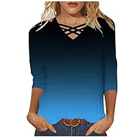 Womens 3/4 Sleeve T-Shirts Criss Cross V Neck Tops Basic Tee Gradient Color Blouse Loose Fit Pullover Summer Shirts