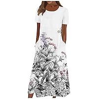 Womens Casual Dress 2023 Floral Print Cute Round Neck Dresses Relaxed Fit Flowy Loose Ankle Length Dresses
