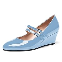 Womens Round Toe Buckle Patent Mary Jane Uniform Adjustable Strap Wedge Low Heel Pumps Shoes 2 Inch