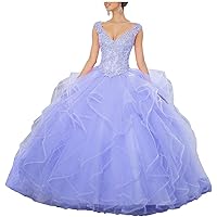 V-Neck Ball Gown Quinceanera Dresses Plus Size Beaded Tulle Puffy Prom Dress 2022